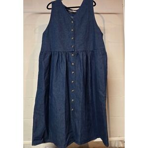 Vintage Northern Isles II Plus Size Denim Button Dress Pockets V Neck Sleeveless